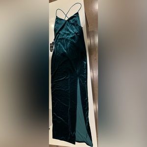 NWT Green Long Velvet Dress with Slit Criss cross open Back
